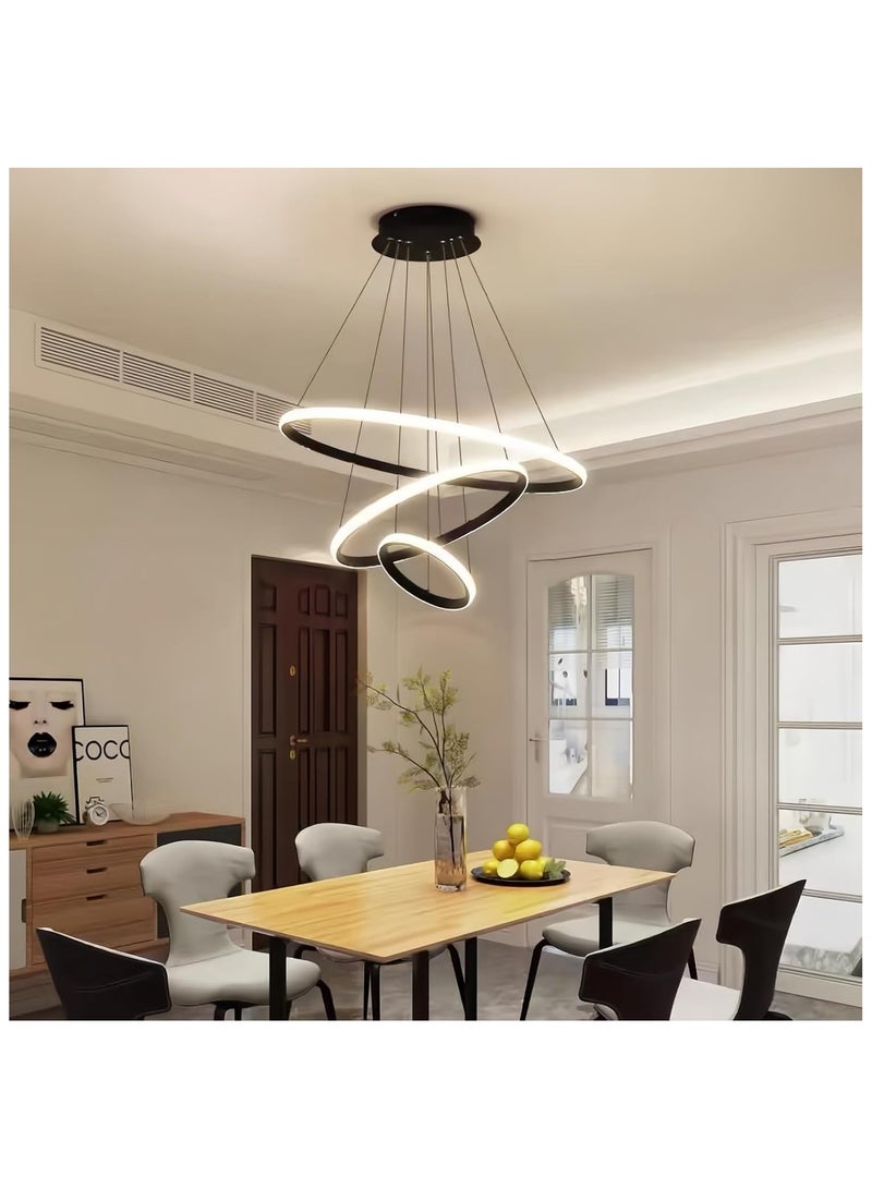 Modern LED Chandelier with Remote Control Dimmable Contemporary LED Chandelier 3 Rings Adjustable Hanging Chandelier Ceiling Pendant Light for Living Dining Room Foyer (Black)