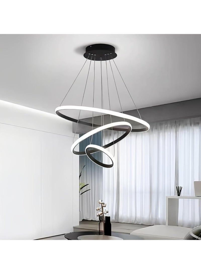 Modern LED Chandelier with Remote Control Dimmable Contemporary LED Chandelier 3 Rings Adjustable Hanging Chandelier Ceiling Pendant Light for Living Dining Room Foyer (Black)