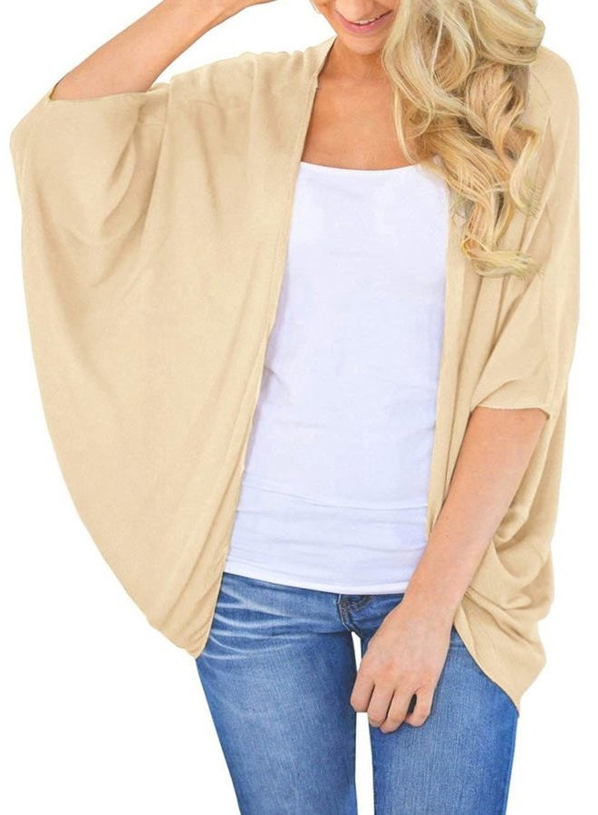 BB&KK Women's Cotton Lightweight Kimono Cardigans 3/4 Batwing Sleeve Solid Colors, 1khaki, M - Image 3