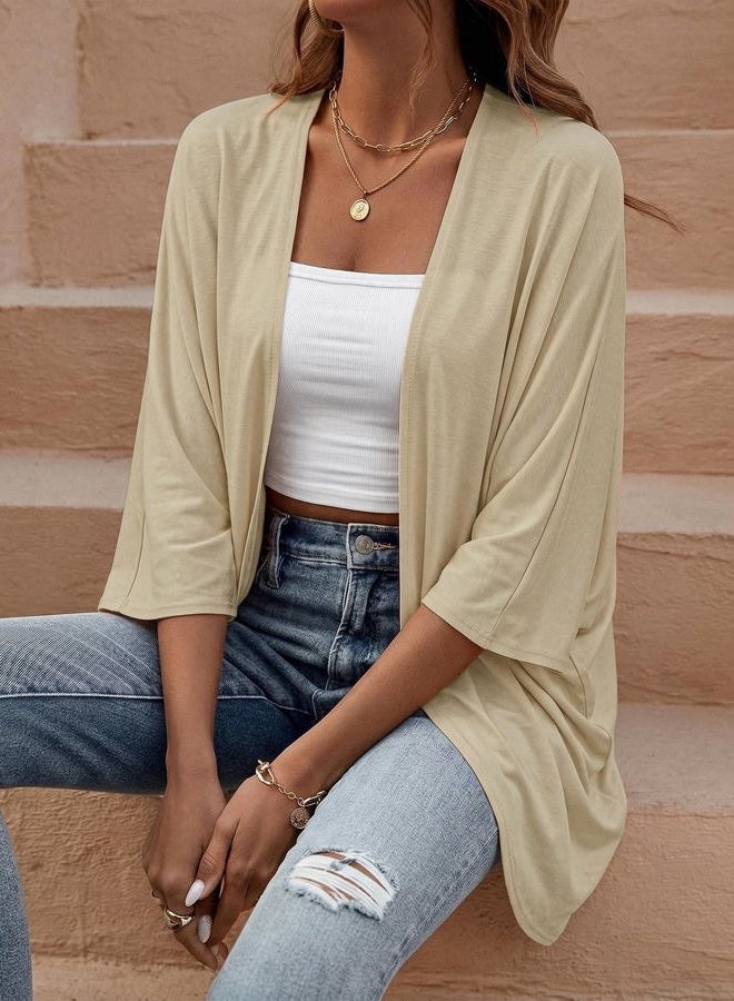 BB&KK Women's Cotton Lightweight Kimono Cardigans 3/4 Batwing Sleeve Solid Colors, 1khaki, M - Image 2