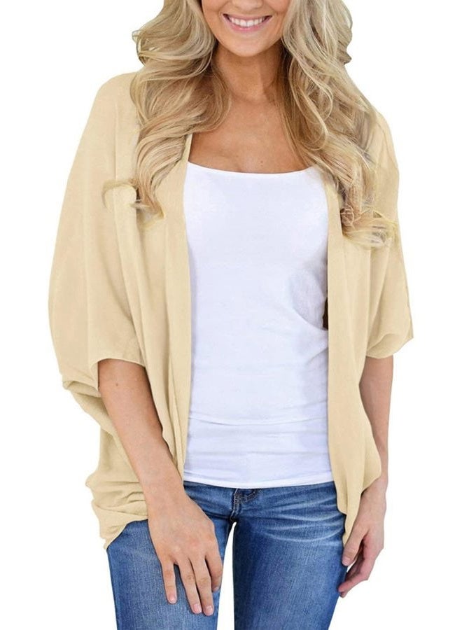BB&KK Women's Cotton Lightweight Kimono Cardigans 3/4 Batwing Sleeve Solid Colors, 1khaki, M - Image 4