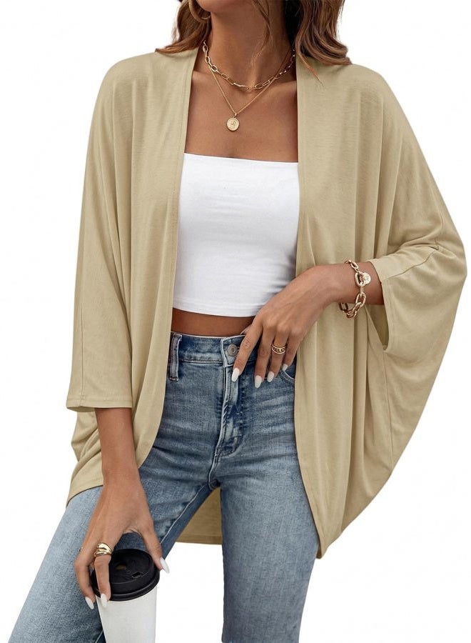 BB&KK Women's Cotton Lightweight Kimono Cardigans 3/4 Batwing Sleeve Solid Colors, 1khaki, M - Image 1