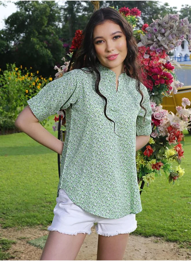 Sera Floral Print Mandarin Collar Top with Short Sleeves by Styli