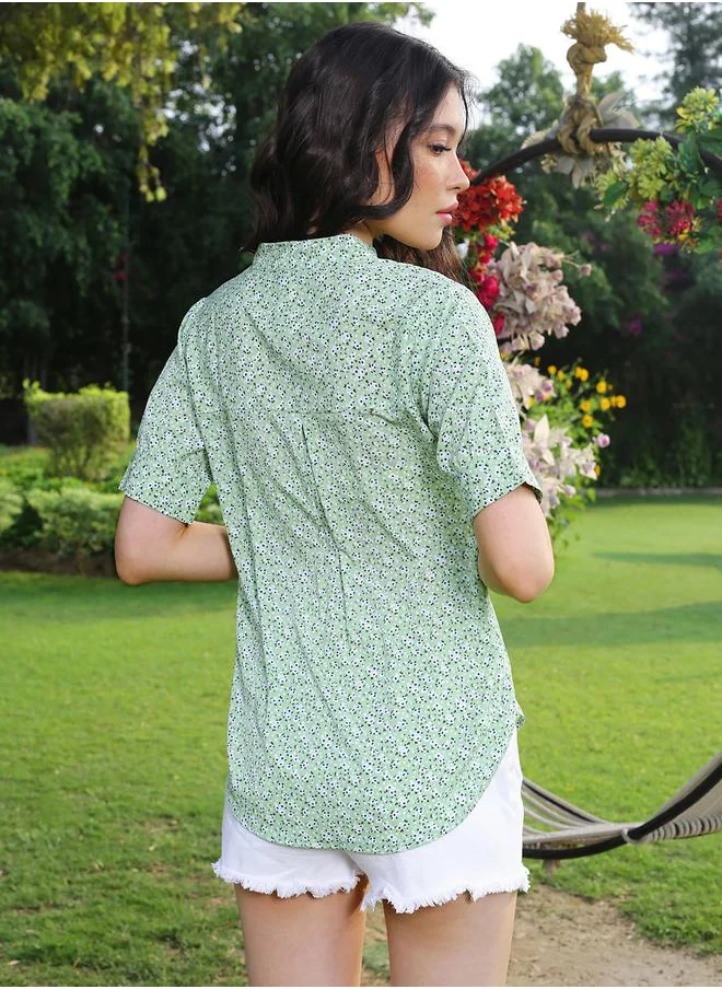 Sera Floral Print Mandarin Collar Top with Short Sleeves by Styli