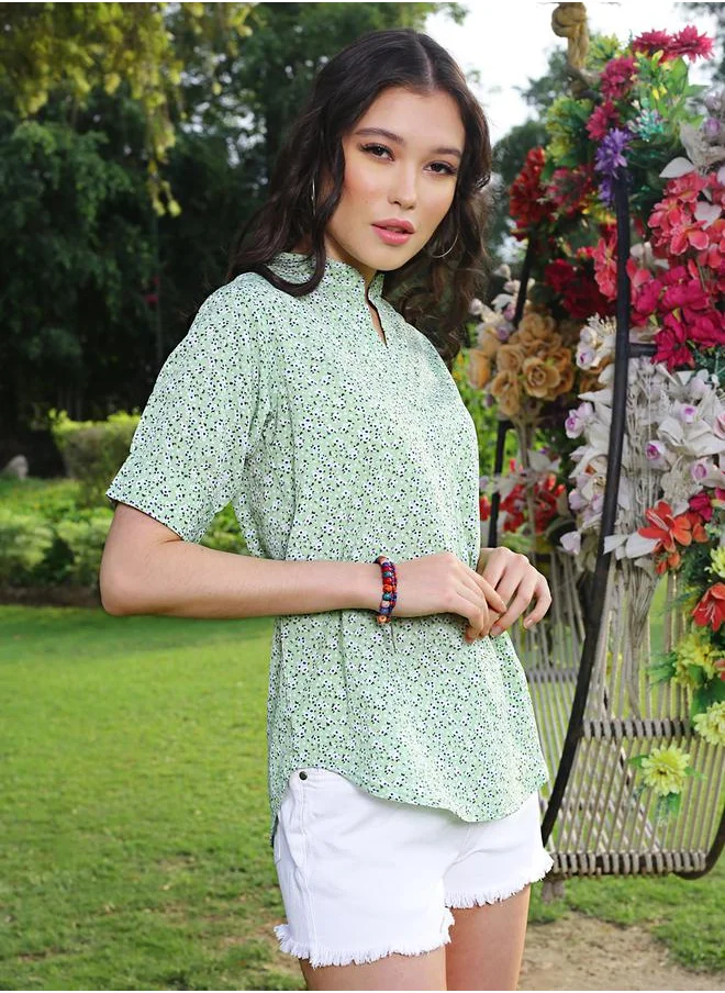 Sera Floral Print Mandarin Collar Top with Short Sleeves