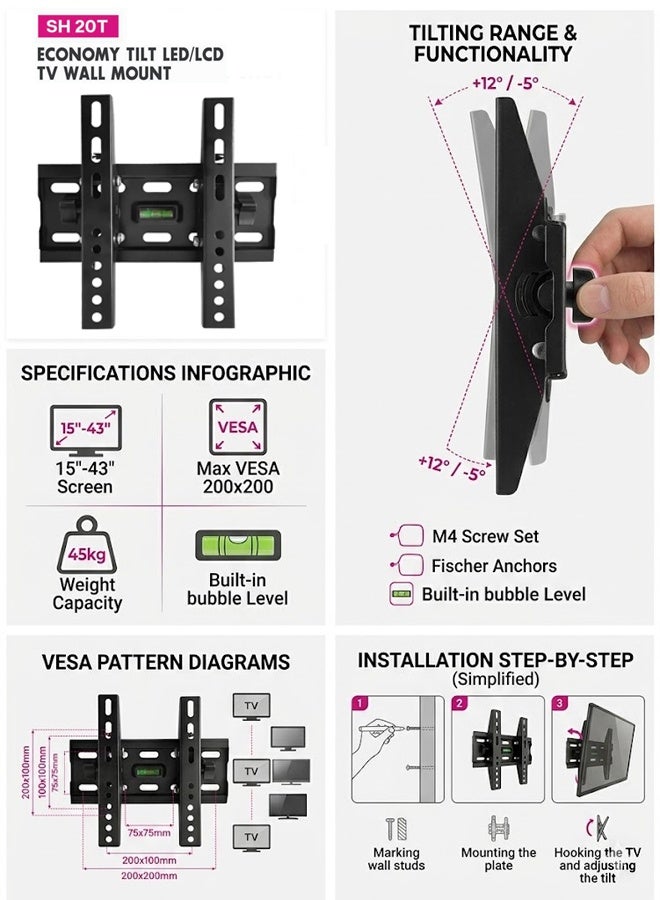 Skill Tech Skilltech SH 20T Heavy-Duty Tilt TV Wall Mount for 17"-43" Screens | Slim Profile 60mm | Glare-Free +15°/-15° Adjustable Bracket | Max VESA 200x200 | 45kg (99 lbs) Universal Flat & Curved TV - Image 5