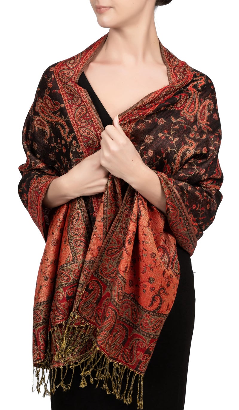 Achillea Soft Silky Reversible Paisley Pashmina Shawl Wrap Scarf w/Fringes (Black Red) - Image 1