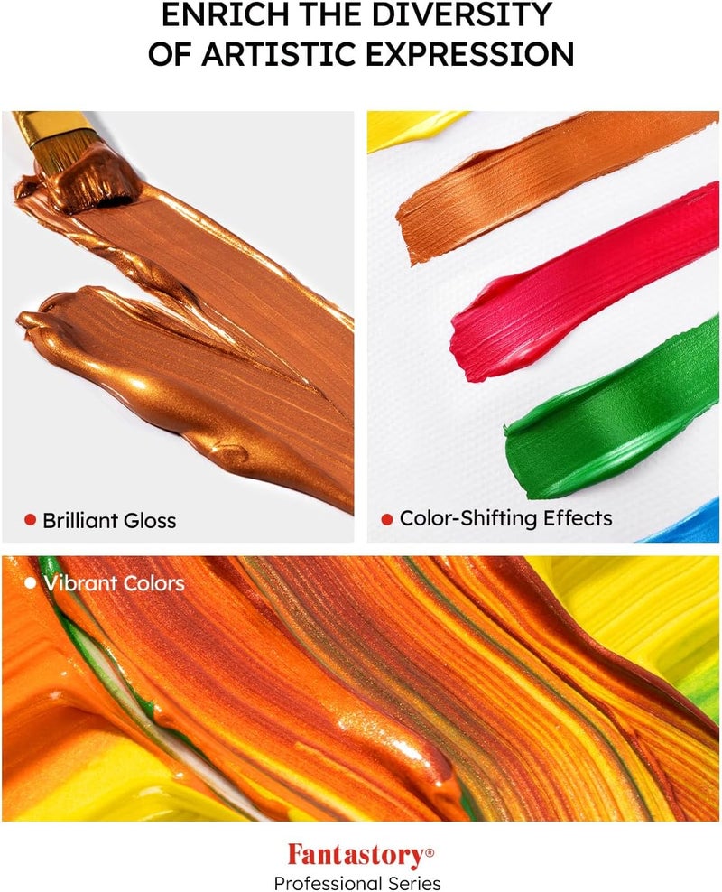 Fantastory Metallic Iridescent Acrylic Paint Set with 12 Brushes, 20 x 2oz Metallic Colors, Color-Shifting, Craft Paint Kit, Metal/Canvas/Rock/Stone/Ceramic/Model/Wood Painting [Professional Series] - Image 3