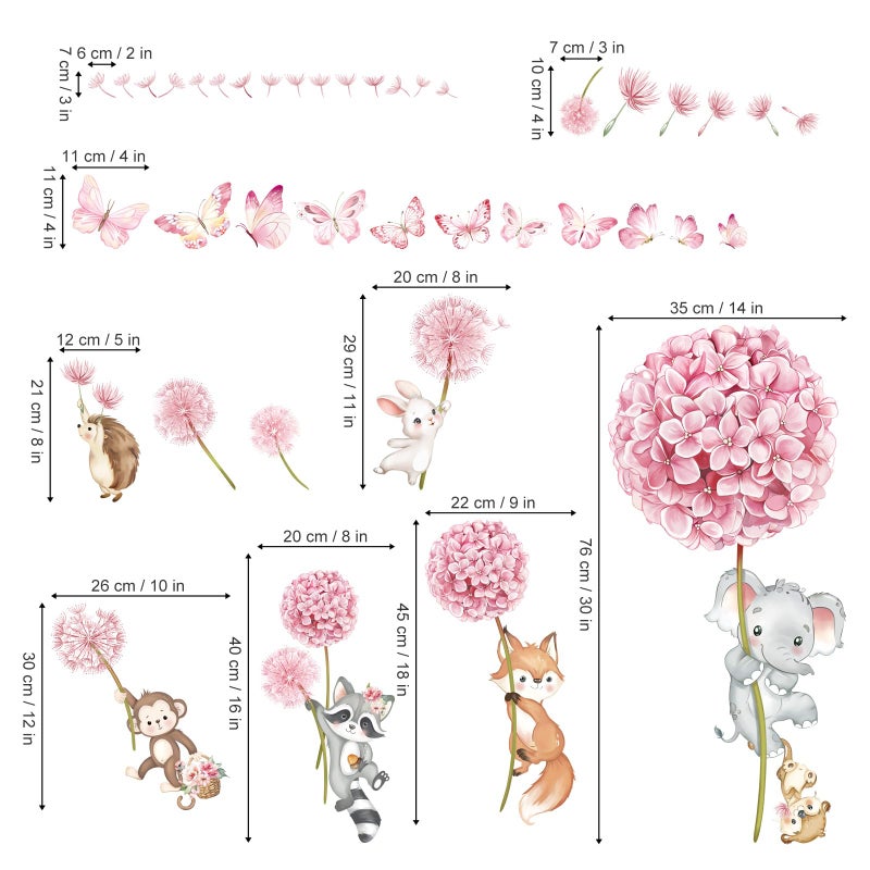 decalmile Animal Flower Pink Dandelion Wall Stickers Forest Animals Elephant Fox Monkey Wall Decals Baby Nursery Girls Bedroom Kids Room Wall Decor - Image 4