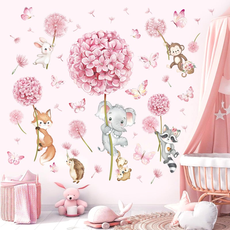 decalmile Animal Flower Pink Dandelion Wall Stickers Forest Animals Elephant Fox Monkey Wall Decals Baby Nursery Girls Bedroom Kids Room Wall Decor - Image 1