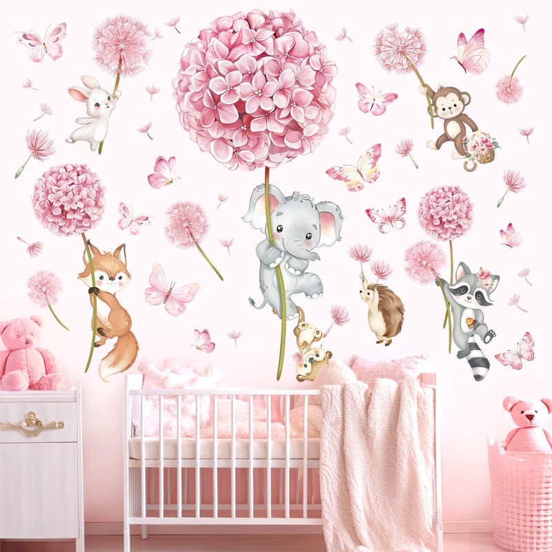 decalmile Animal Flower Pink Dandelion Wall Stickers Forest Animals Elephant Fox Monkey Wall Decals Baby Nursery Girls Bedroom Kids Room Wall Decor - Image 2