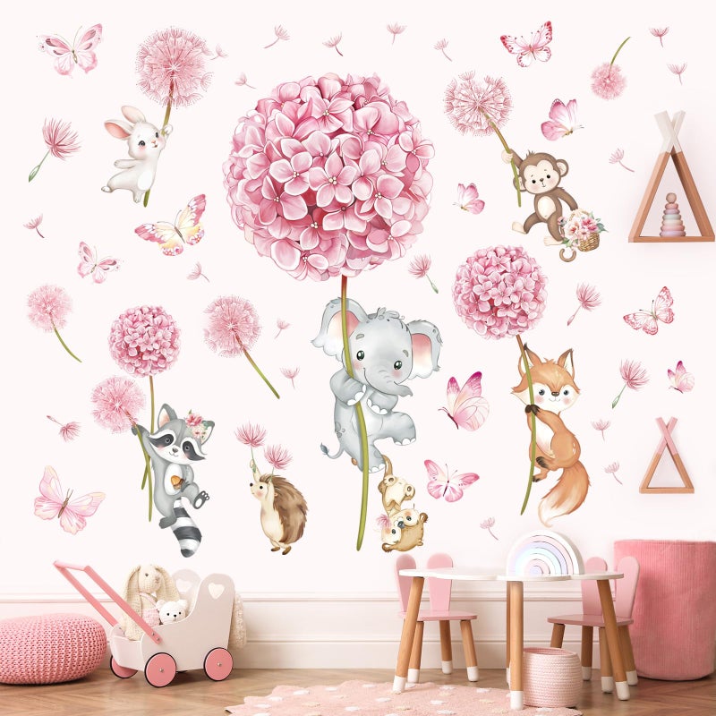 decalmile Animal Flower Pink Dandelion Wall Stickers Forest Animals Elephant Fox Monkey Wall Decals Baby Nursery Girls Bedroom Kids Room Wall Decor - Image 3