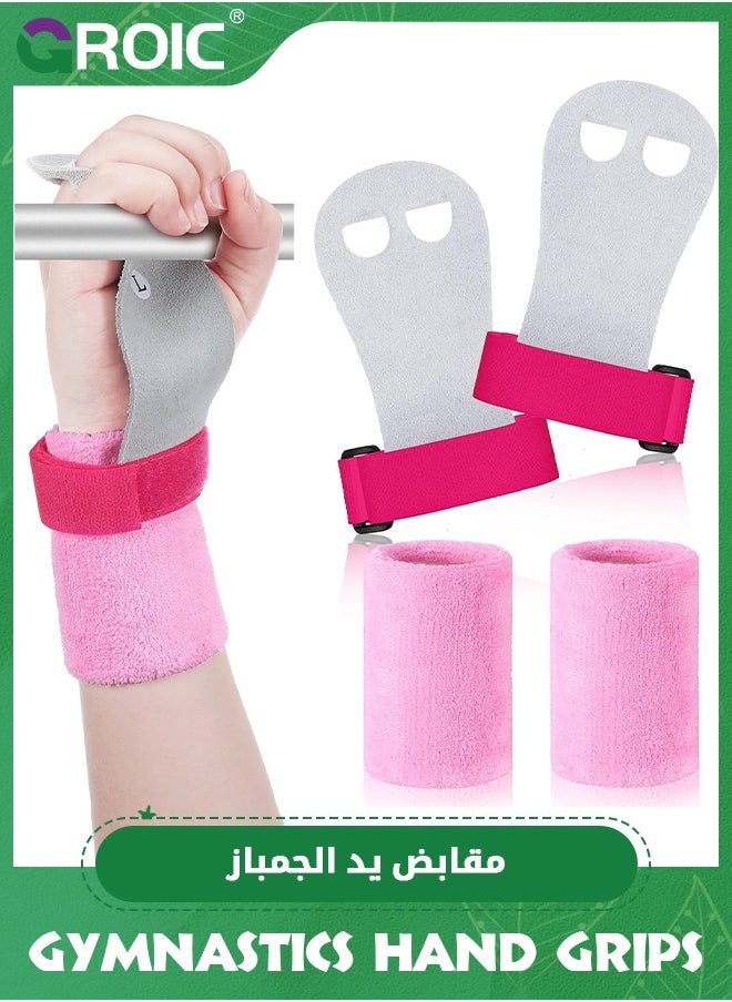 GROIC 4 Pieces Gymnastics Grips Pink Gymnastic Hand Grips Athletic Pink Wrist Bands Terry Cloth Sweat Bands Girls Sports Accessories for Kids Basketball Tennis Football Baseball, M  - Image 1