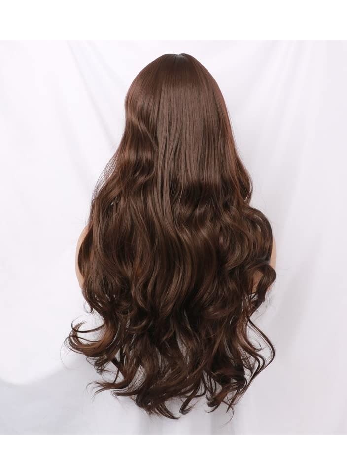 إستيل شعر مستعار طويل فضفاض ومموج مع غرة، باروكات من الألياف المقاومة للحرارة للنساء والفتيات، للاستخدام اليومي والحفلات، بني داكن - Image 4