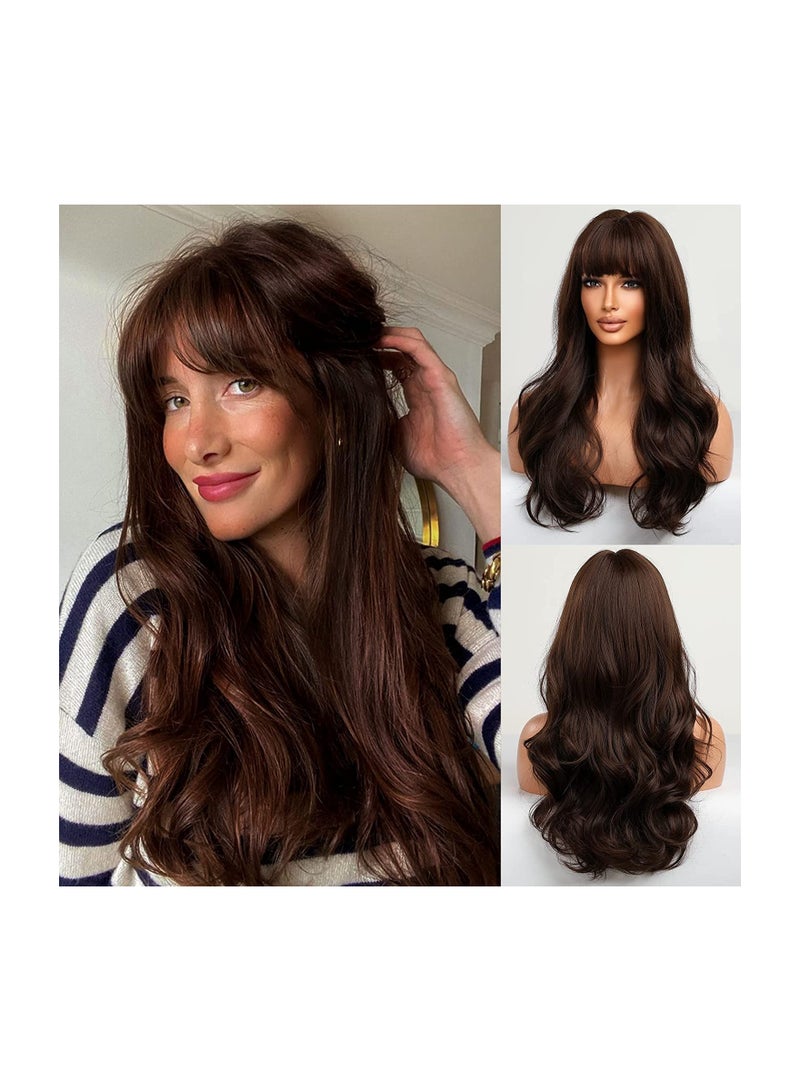 إستيل شعر مستعار طويل فضفاض ومموج مع غرة، باروكات من الألياف المقاومة للحرارة للنساء والفتيات، للاستخدام اليومي والحفلات، بني داكن - Image 1