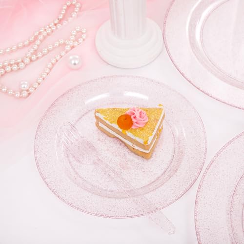 WDF 120pcs Pink Plastic Plates Disposable - Clear Pink Glitter Plates for Valentine's Day/Wedding including 60PCS Dinner Plates 10.25inch and 60PCS Salad Plates 7.5inch for Wedding/Party - Image 2