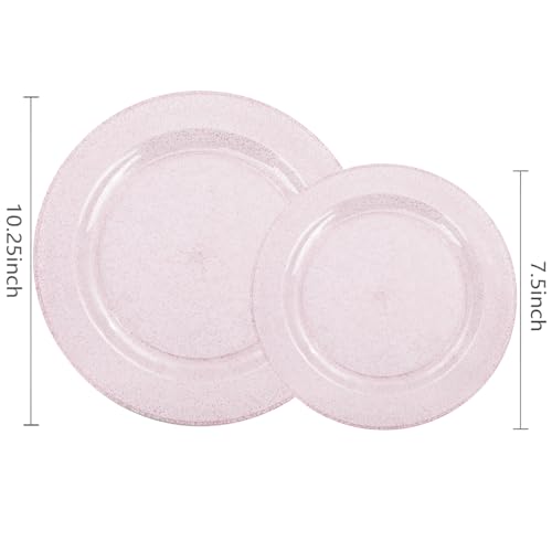 WDF 120pcs Pink Plastic Plates Disposable - Clear Pink Glitter Plates for Valentine's Day/Wedding including 60PCS Dinner Plates 10.25inch and 60PCS Salad Plates 7.5inch for Wedding/Party - Image 3