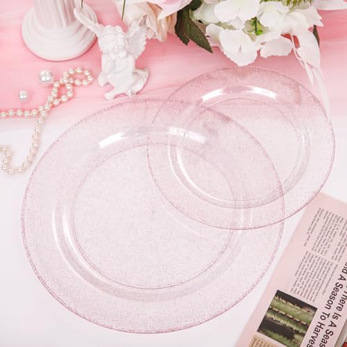 WDF 120pcs Pink Plastic Plates Disposable - Clear Pink Glitter Plates for Valentine's Day/Wedding including 60PCS Dinner Plates 10.25inch and 60PCS Salad Plates 7.5inch for Wedding/Party - Image 4