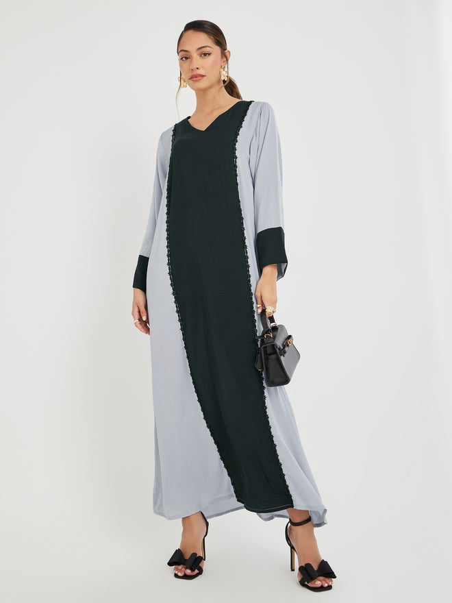 Styli Amirah Color Block V Neck Jalabiya with Lace Trim  - Image 1