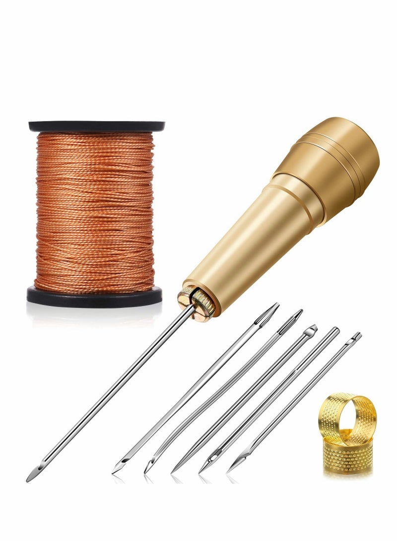 Canvas Leather Sewing Awl Needle with Copper Handle, 50 m Nylon Cord Thread and 2 Pieces Thimble for Handmade Leather Sewing Tools Shoe and Leather Repair, 6 Pieces - Image 1
