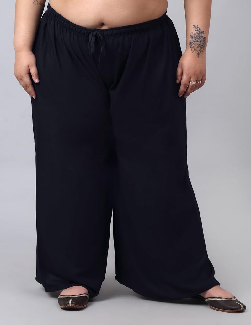 TREND LEVEL Plus Size Women's Rayon Loose Fit Flared Wide Leg Palazzo Pants Soft Plain/Solid Design with Drawstring Elastic (Pack of 1) (6XL, Black) - Image 2