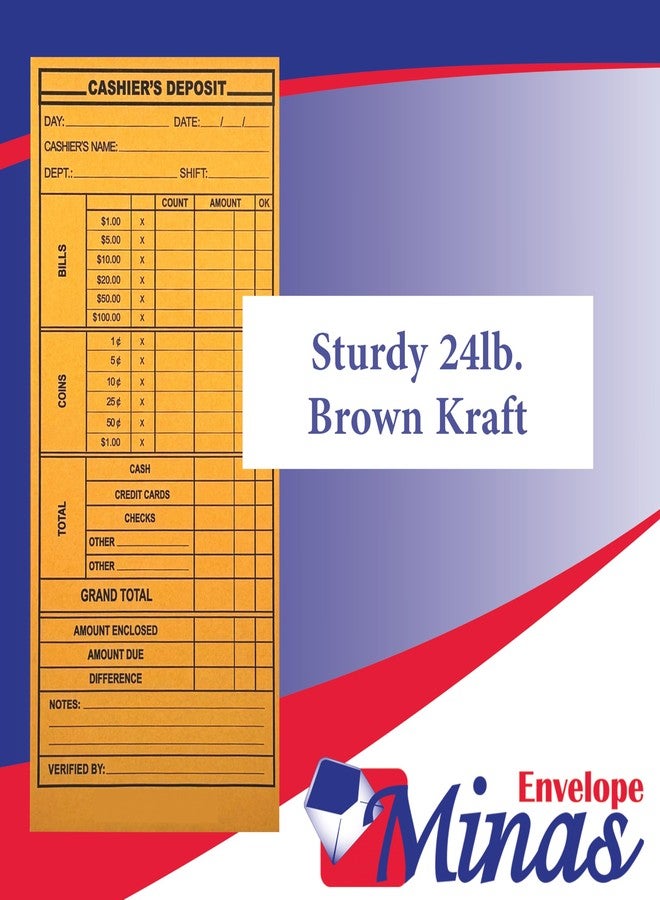Minas Envelope 500 Minas Envelope Cashier Deposit Report Envelopes, 4 1/8" x 9 1/2", Sturdy 24lb. Kraft Paper, Cash Drop Envelope with Gum Flap for Hotels, Small Businesses, Retailers, Restaurants - Image 5