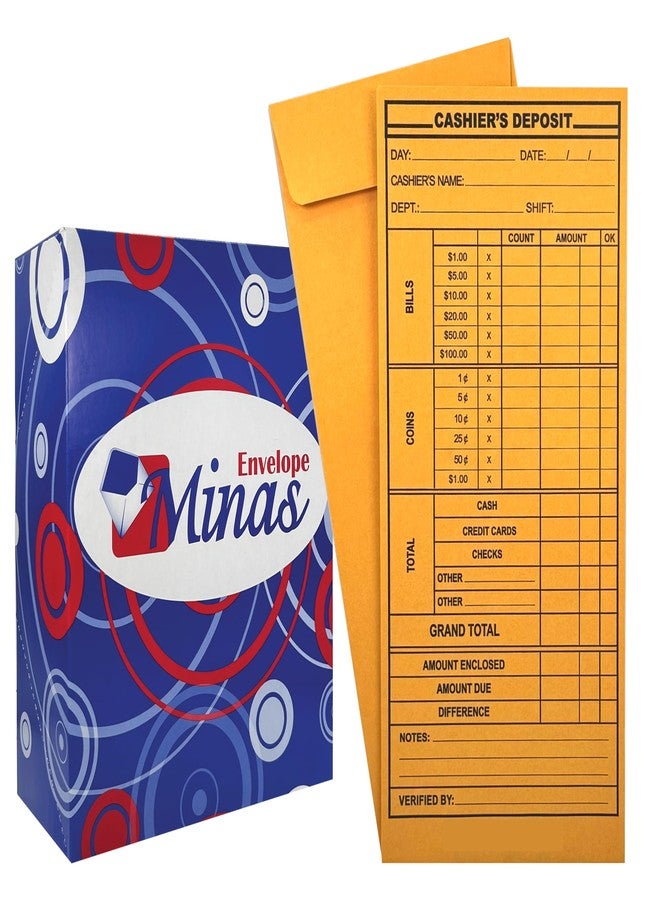Minas Envelope 500 Minas Envelope Cashier Deposit Report Envelopes, 4 1/8" x 9 1/2", Sturdy 24lb. Kraft Paper, Cash Drop Envelope with Gum Flap for Hotels, Small Businesses, Retailers, Restaurants - Image 1
