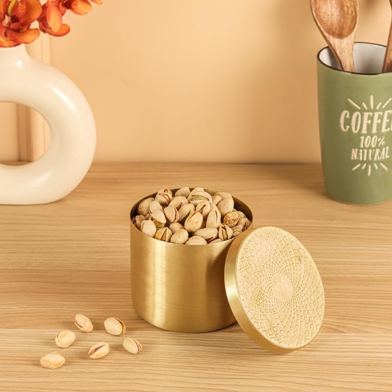 Akshata® Brass cookie Storage Container, 700 ml, Food Safe And Led Free Jar With Beautiful Engraving Lid - Gold Colour (1 Piece) - Image 1