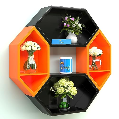 Raafi Wooden Pared Pentagon Floating Wall Shelf with 4 Shelves (Black & Orange) - Image 1