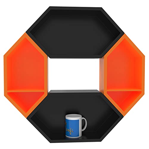 Raafi Wooden Pared Pentagon Floating Wall Shelf with 4 Shelves (Black & Orange) - Image 3