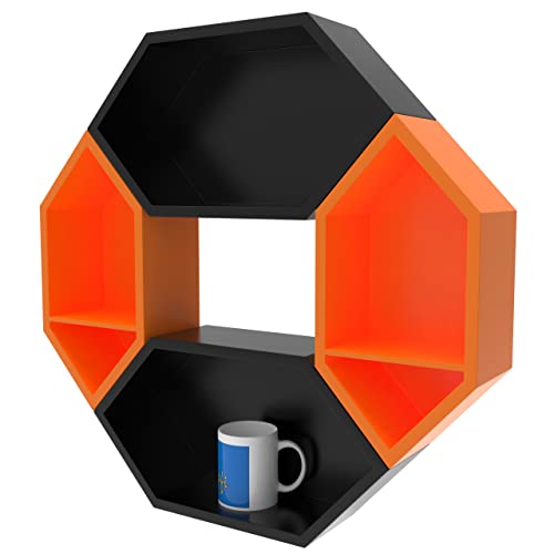 Raafi Wooden Pared Pentagon Floating Wall Shelf with 4 Shelves (Black & Orange) - Image 5
