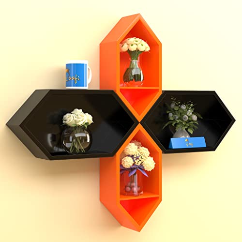 Raafi Wooden Pared Pentagon Floating Wall Shelf with 4 Shelves (Black & Orange) - Image 2