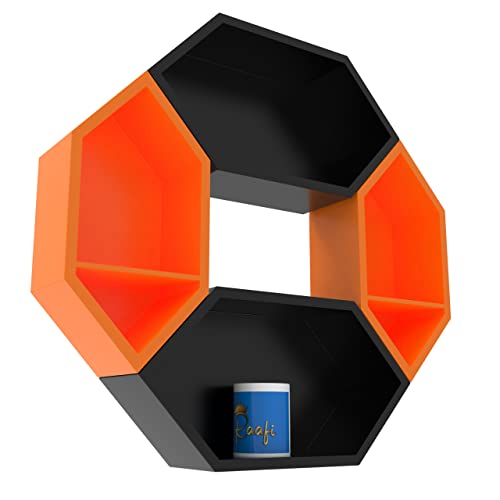 Raafi Wooden Pared Pentagon Floating Wall Shelf with 4 Shelves (Black & Orange) - Image 4