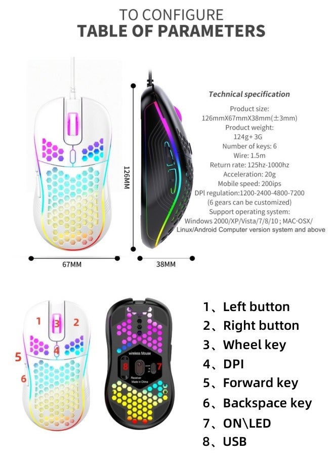 BESTPEAK Honeycomb design macro programming gaming mouse, 1-12000 DPI adjustable, lightweight, 16.8 million RGB lighting, 6 programmable buttons, macro support, ergonomic design, 30 million click lifespan, 120LPS tracking speed, 1 meter braided cable, for PC and Mac eSports gaming mouse, white  - Image 3