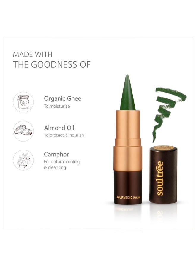 سول تري SoulTree Ayurvedic Kajal | Moss Velvet Kajal 002 | Green Shade | Enriched with 100% Organic Ghee, Almond Oil & Camphor | Soothe, Cool & Nourish Eyes | 3gm - Image 2