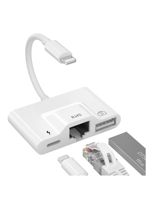 RJ45 Ethernet Adapter, OTG Charging Port RJ45 3-In-1 USB Wired Adapter for iPhone, Ipad Camera High-Speed Reader Cable Converter Hub
