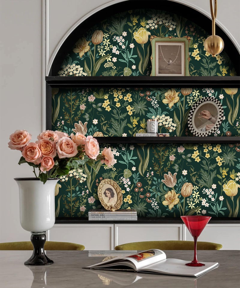 Lativo Floral Peel and Stick Wallpaper Vintage Floral Contact Paper for Cabinets Drawers Liner Boho Contact Paper Dark Green Leaf Flower Removable Self Adhesive Wallpaper for Bedroom 17.3inW78.7inL - Image 3