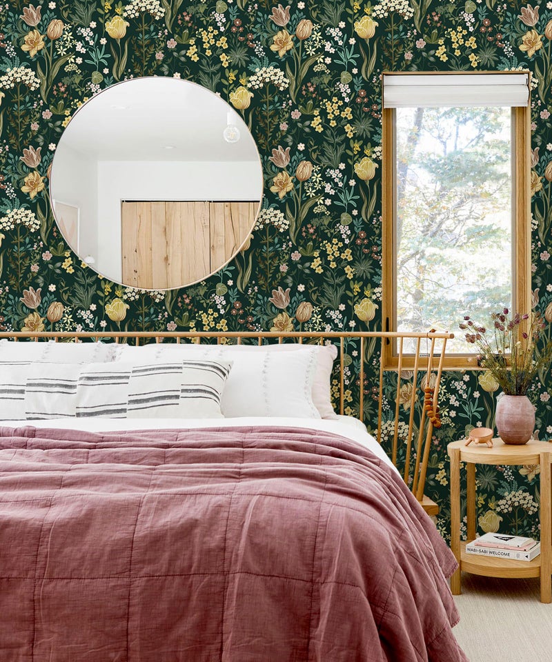 Lativo Floral Peel and Stick Wallpaper Vintage Floral Contact Paper for Cabinets Drawers Liner Boho Contact Paper Dark Green Leaf Flower Removable Self Adhesive Wallpaper for Bedroom 17.3inW78.7inL - Image 4