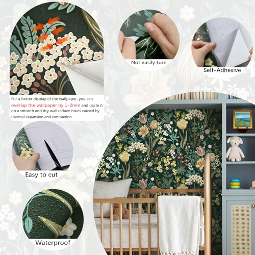 Lativo Floral Peel and Stick Wallpaper Vintage Floral Contact Paper for Cabinets Drawers Liner Boho Contact Paper Dark Green Leaf Flower Removable Self Adhesive Wallpaper for Bedroom 17.3inW78.7inL - Image 2