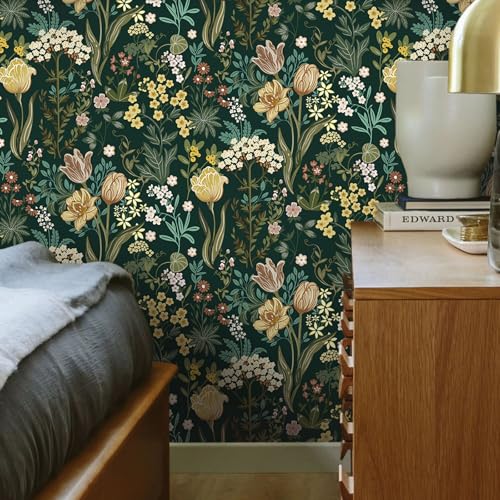 Lativo Floral Peel and Stick Wallpaper Vintage Floral Contact Paper for Cabinets Drawers Liner Boho Contact Paper Dark Green Leaf Flower Removable Self Adhesive Wallpaper for Bedroom 17.3inW78.7inL - Image 5
