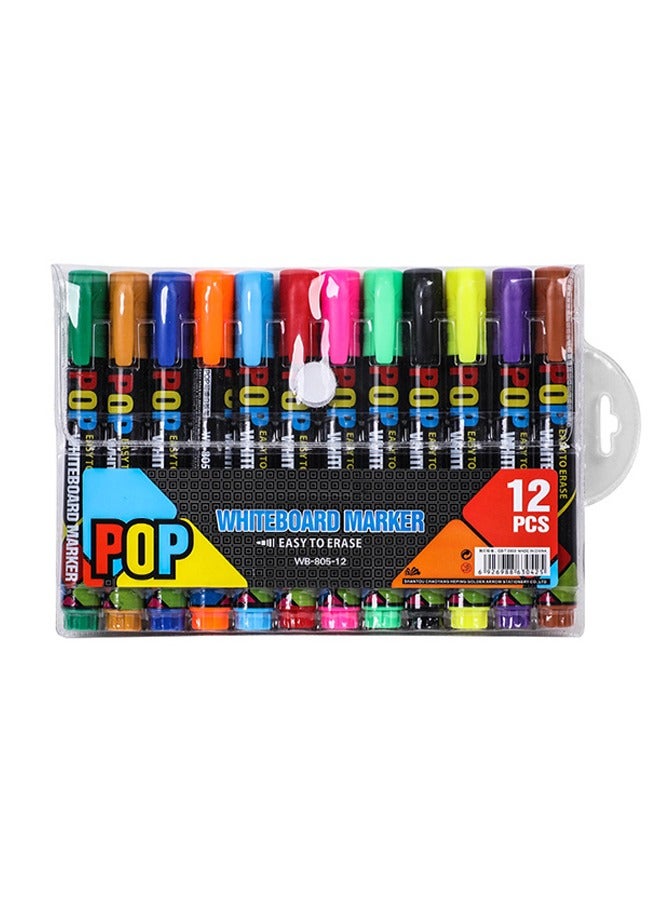 مجموعة من 12 قلم تحديد، أقلام تحديد للسبورة البيضاء متعددة الألوان، أقلام ملونة محمولة، كتابة سلسة، مسح سهل، مناسبة للرسم والتلوين وصناعة الفن - Image 1