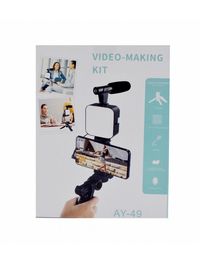 ماركة غير محددة - ملحقات AY-49 Video Vlog Kit: حامل ثلاثي للهاتف ، حامل هاتف ، ضوء LED وميكروفون بندقية - Image 1