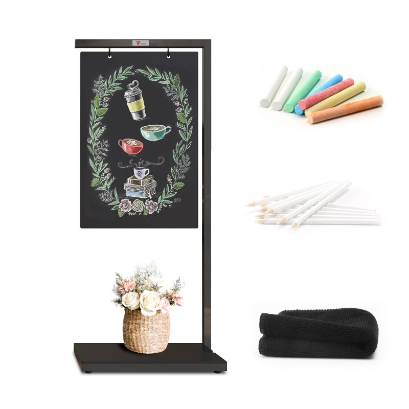 TOWON 19 x 43 Inch Giant Floor-Standing Chalkboard Signs, Hanging Metal Sidewalk Sign with Base, Pedestal Chalkboard Easel for cafÃ©, Bar, Bistro, Florist, Wedding Outdoor, Portable and Double-Sided - Image 1