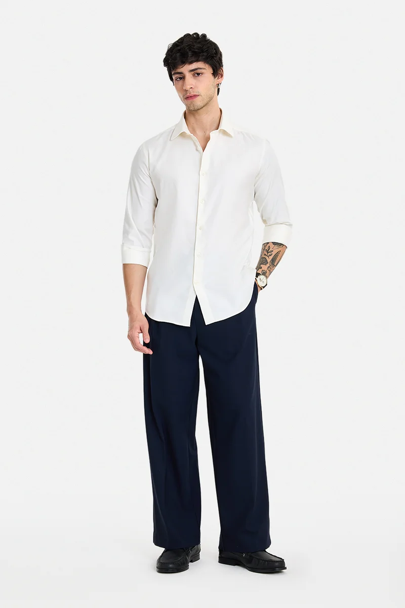 سنيتش Cream Textured Long Sleeve Slim Fit Shirt