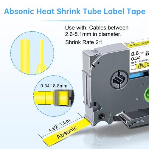 Absonic 3-Pack Compatible Hse Label Tape Replacement for Hse-621 Hse621 HS621 Heat Shrink Tube 8.8mm 3/8" Black on Yellow Tape for PT-E300 PT-H300 PT-E500 PTE550W PT-P750WVP PTE800W - Image 2