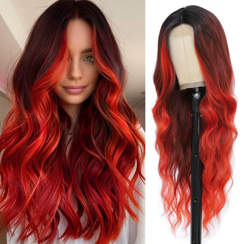 Angzon Long Red Wavy Wig for Women 26 Inch Ombre Red Middle Part Curly Synthetic Hair Wig Natural Look Heat Resistant Fiber for Daily Party Use - Image 1