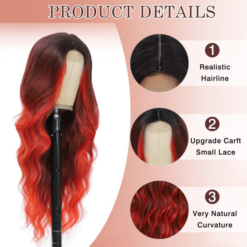 Angzon Long Red Wavy Wig for Women 26 Inch Ombre Red Middle Part Curly Synthetic Hair Wig Natural Look Heat Resistant Fiber for Daily Party Use - Image 4