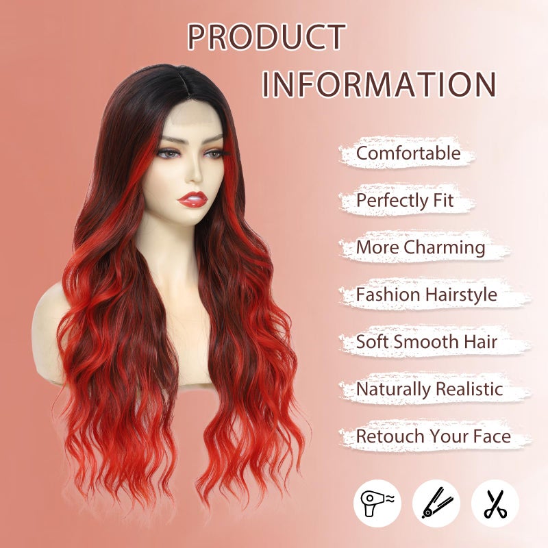 Angzon Long Red Wavy Wig for Women 26 Inch Ombre Red Middle Part Curly Synthetic Hair Wig Natural Look Heat Resistant Fiber for Daily Party Use - Image 2
