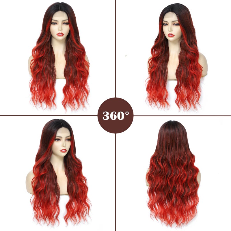 Angzon Long Red Wavy Wig for Women 26 Inch Ombre Red Middle Part Curly Synthetic Hair Wig Natural Look Heat Resistant Fiber for Daily Party Use - Image 3