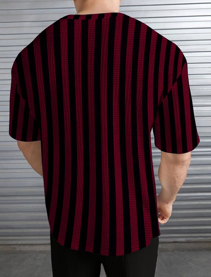 KAJARU Men's Striped Waffle Pattern T-Shirt, Round Neck (in, Alpha, L, Regular, Maroon) - Image 2